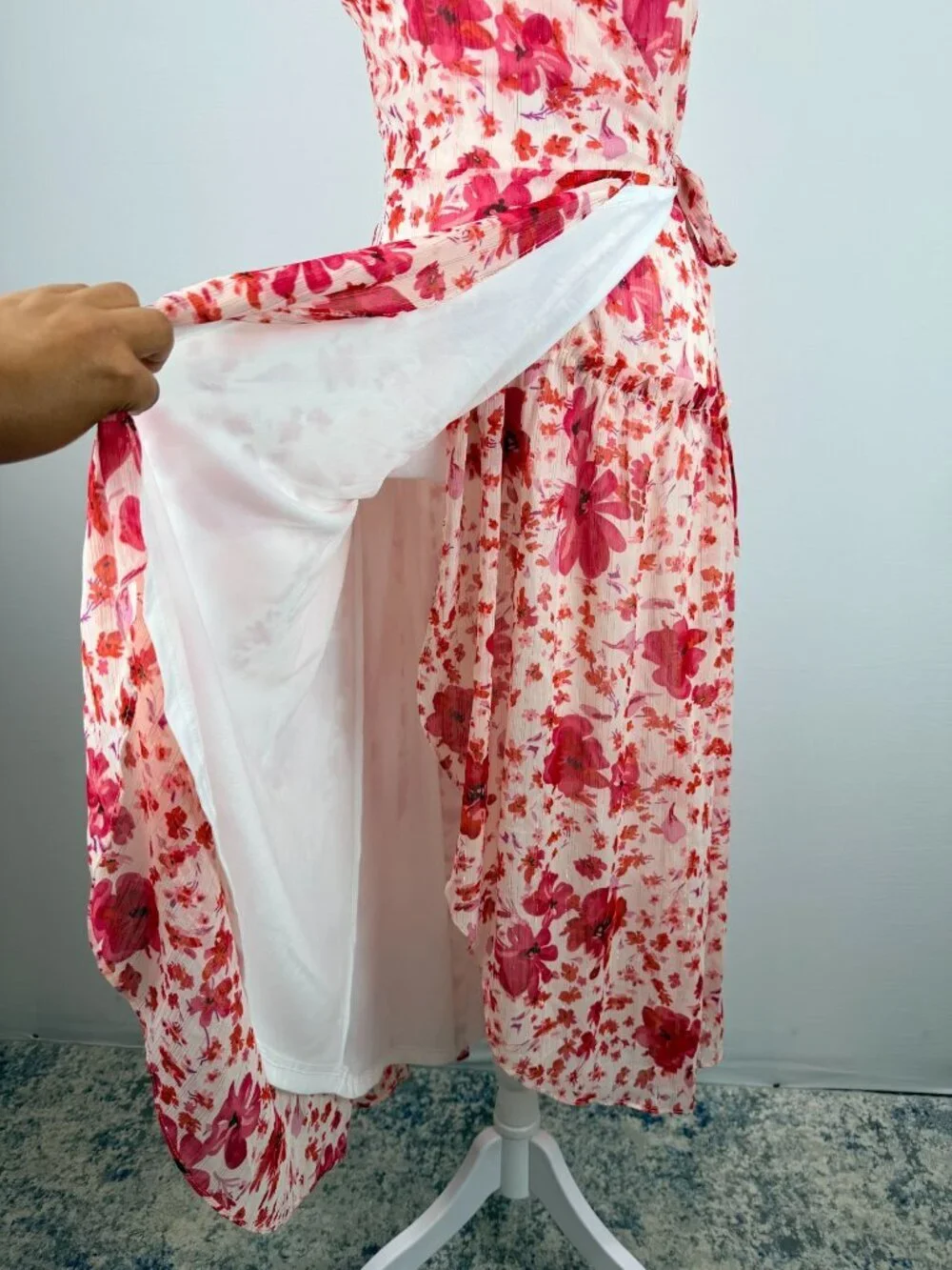 Lulus Womens Size S Pink Floral Wrap Midi Dress Ruffle Sleeveless NWT - Picture 15 of 16